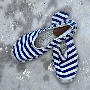 J. Crew Blue and Khaki Striped Espadrilles Slip On Flats Shoes Size 7 💗